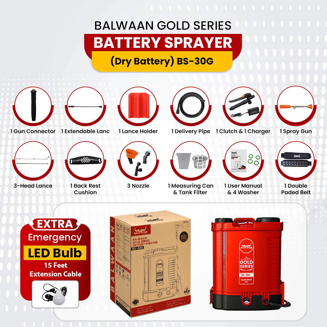 Balwaan Gold Double Motor Battery Sprayer (12x12) BS-30G | Digital Battery Indicator | 20L Tank | 3X Pressure Sprayer, Suitable for Long & Short Spraying | Free LED Bulb with 15ft Cable