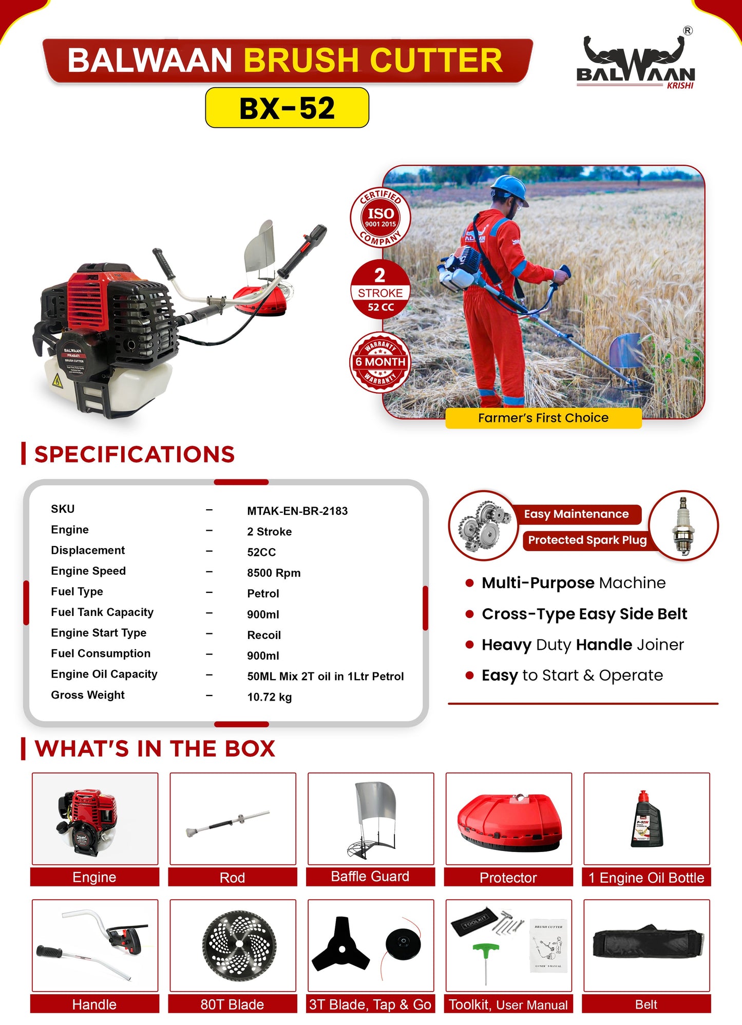 Balwaan Pragati 2 Stroke 52cc Side Pack Brush Cutter Extra Power Torque Engine|80T, 3T Blade, Tap n Go for Agriculture, Gardening, Lawn Grass Trimming Eco Series Free Engine Oil|BX-52