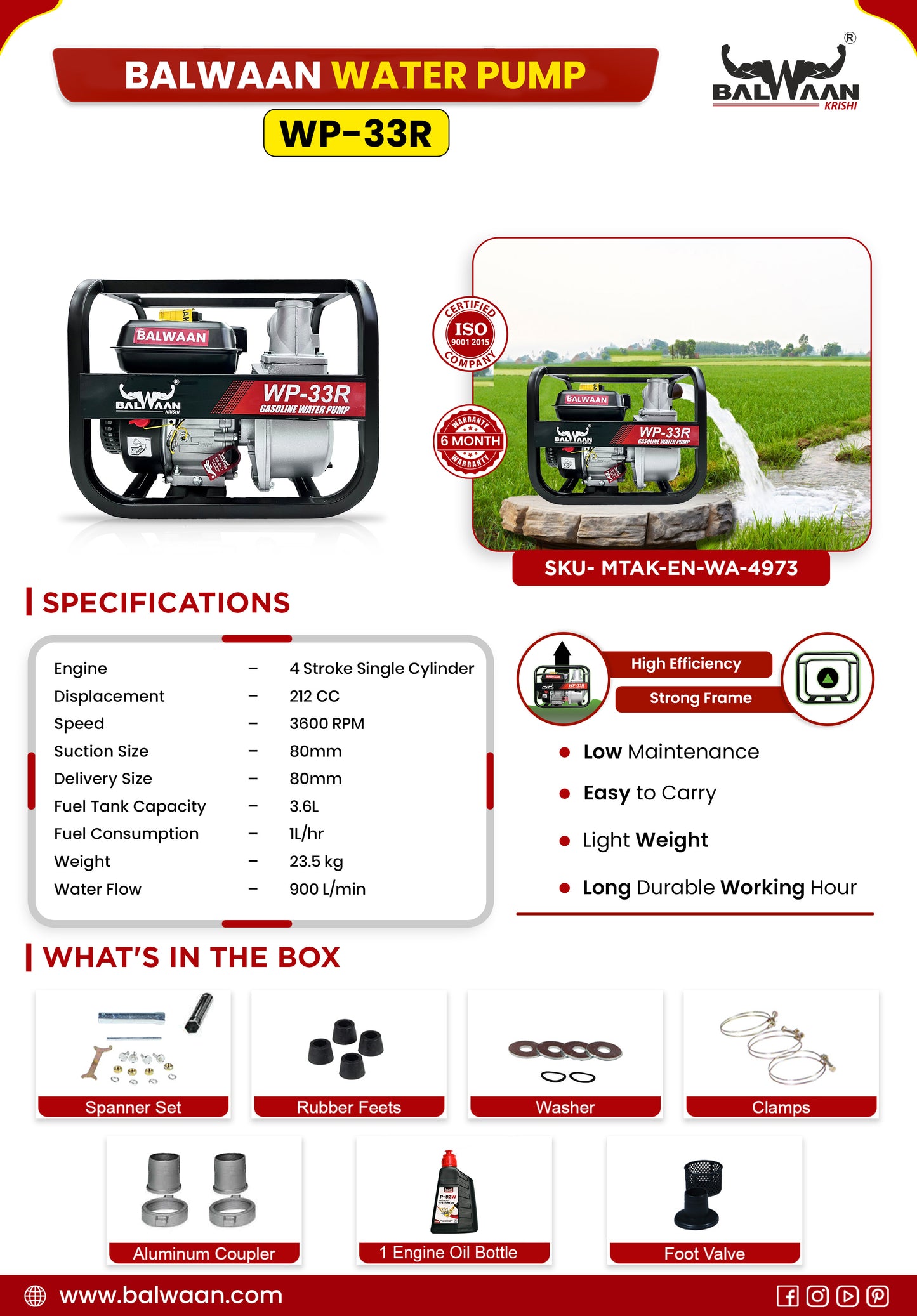 Balwaan Petrol Water Pump 7 HP WP-33R
