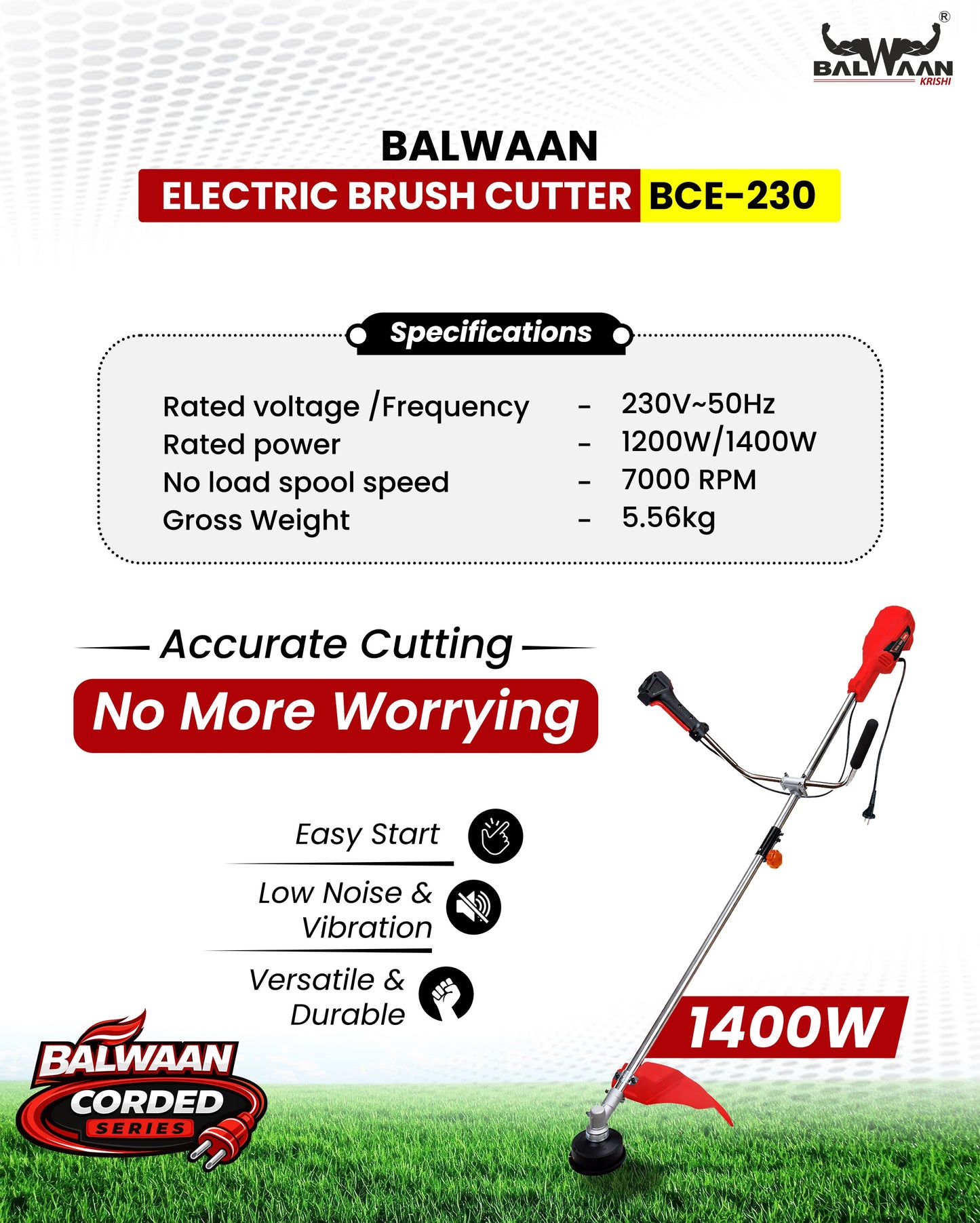Balwaan Krishi Electric Brush Cutter Machine for Grass & Weed Cutting | Heavy Duty Electric Grass Cutter | High Power Lawn Trimmer for Garden, Farm & Agriculture Use | BCE-230