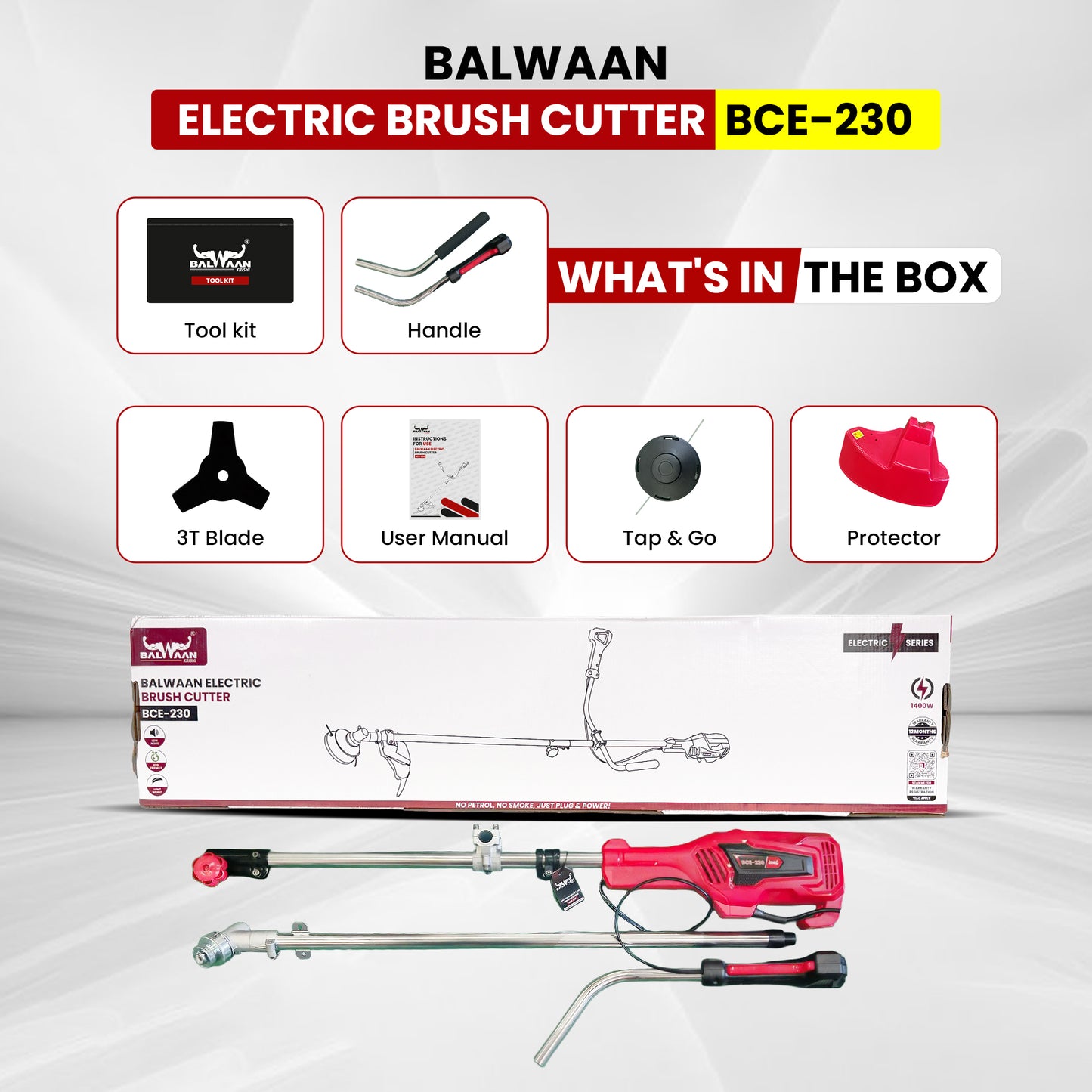 Balwaan Krishi Electric Brush Cutter Machine for Grass & Weed Cutting | Heavy Duty Electric Grass Cutter | High Power Lawn Trimmer for Garden, Farm & Agriculture Use | BCE-230