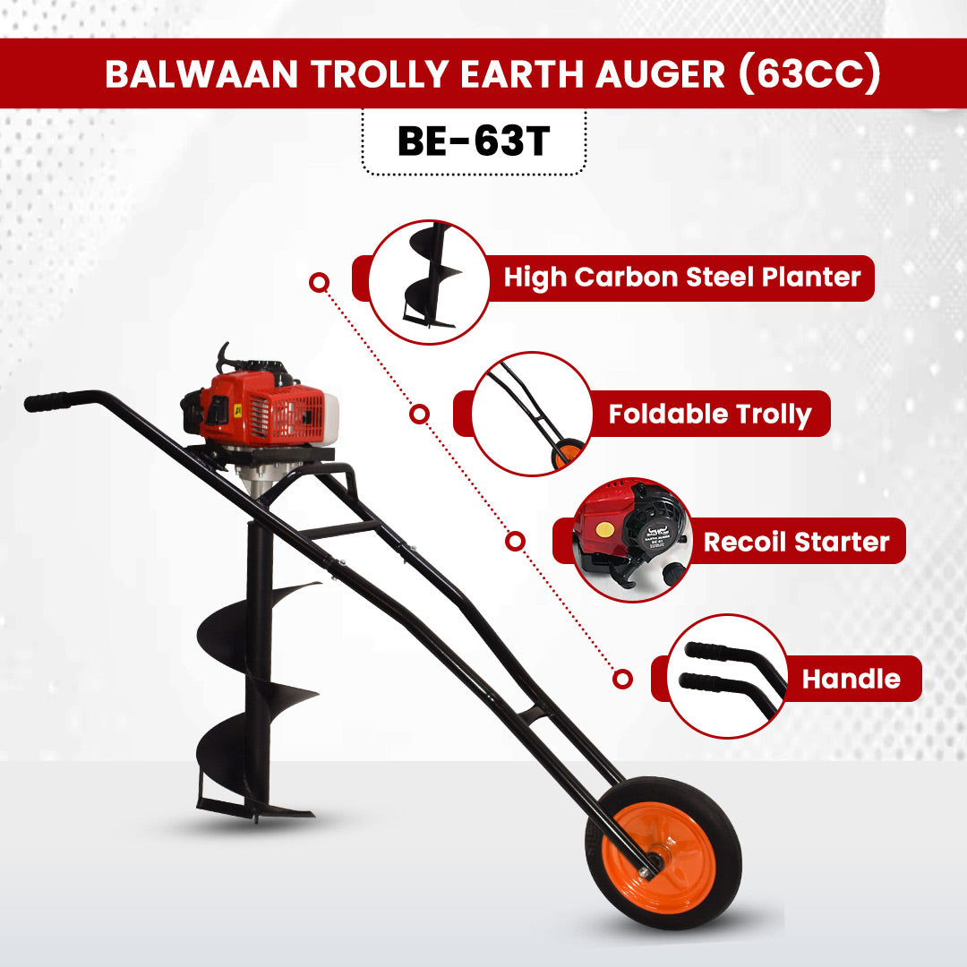 Balwaan Krishi Trolly Tree Planter 63cc 2 Stroke with 8 & 12 inch Planter, Trolley Design with Wheels for Convenient use, Free Engine Oil|BE-63T