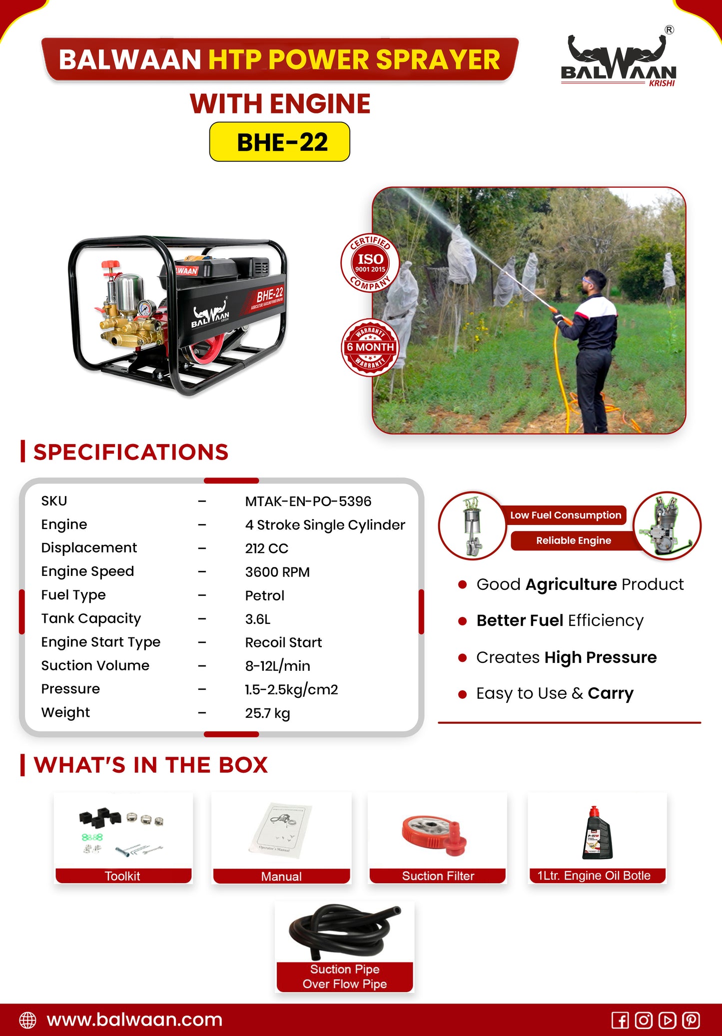 Balwaan Krishi BHE-22 Portable HTP Power Sprayer for Agriculture with 6.5 HP 4 Stroke Engine Suitable for Gardening, Agriculture Use, Get Free 50 meter Hose Pipe, 1 Engine Oil Bottle|BHE 22