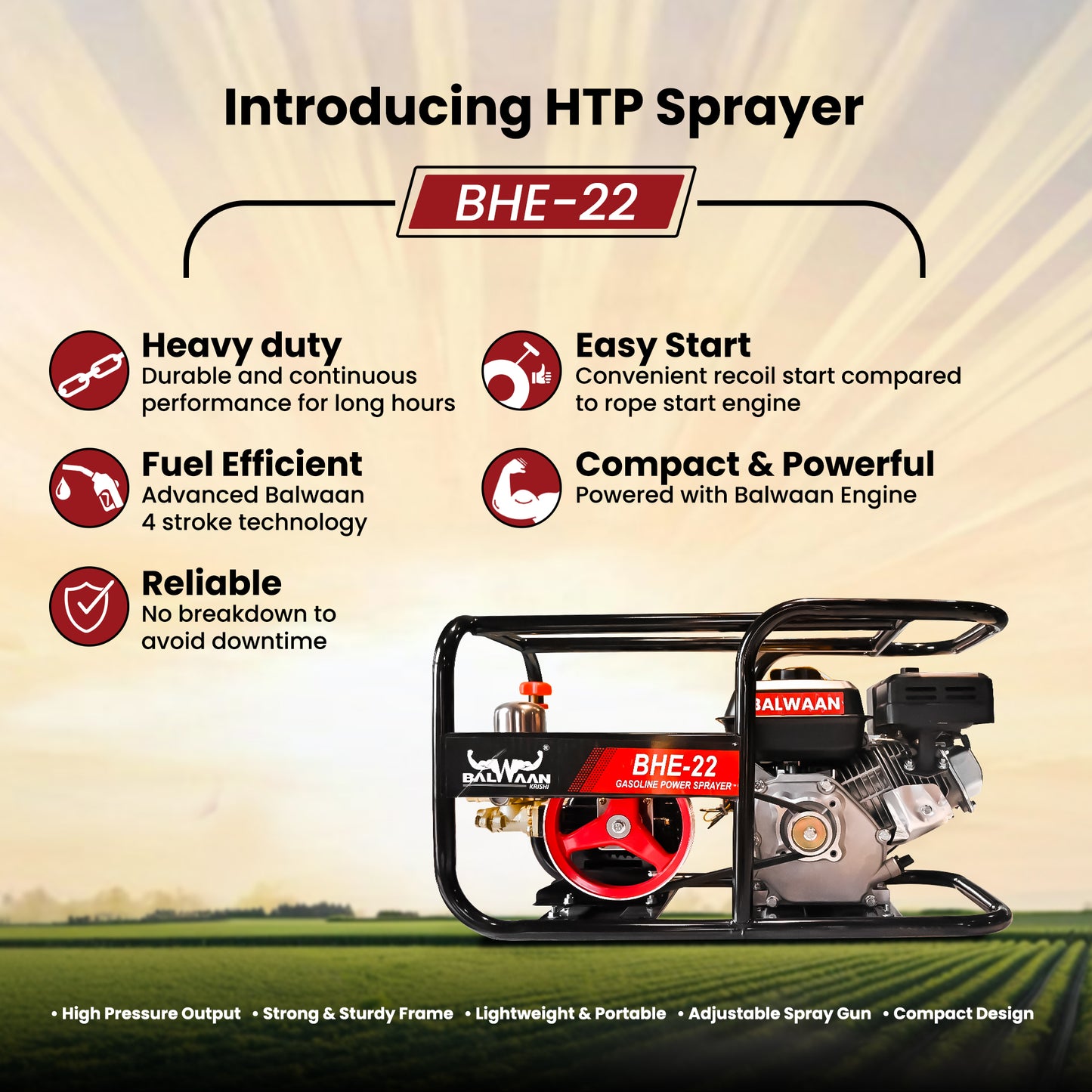 Balwaan Krishi BHE-22 Portable HTP Power Sprayer for Agriculture with 6.5 HP 4 Stroke Engine Suitable for Gardening, Agriculture Use, Get Free 50 meter Hose Pipe, 1 Engine Oil Bottle|BHE 22