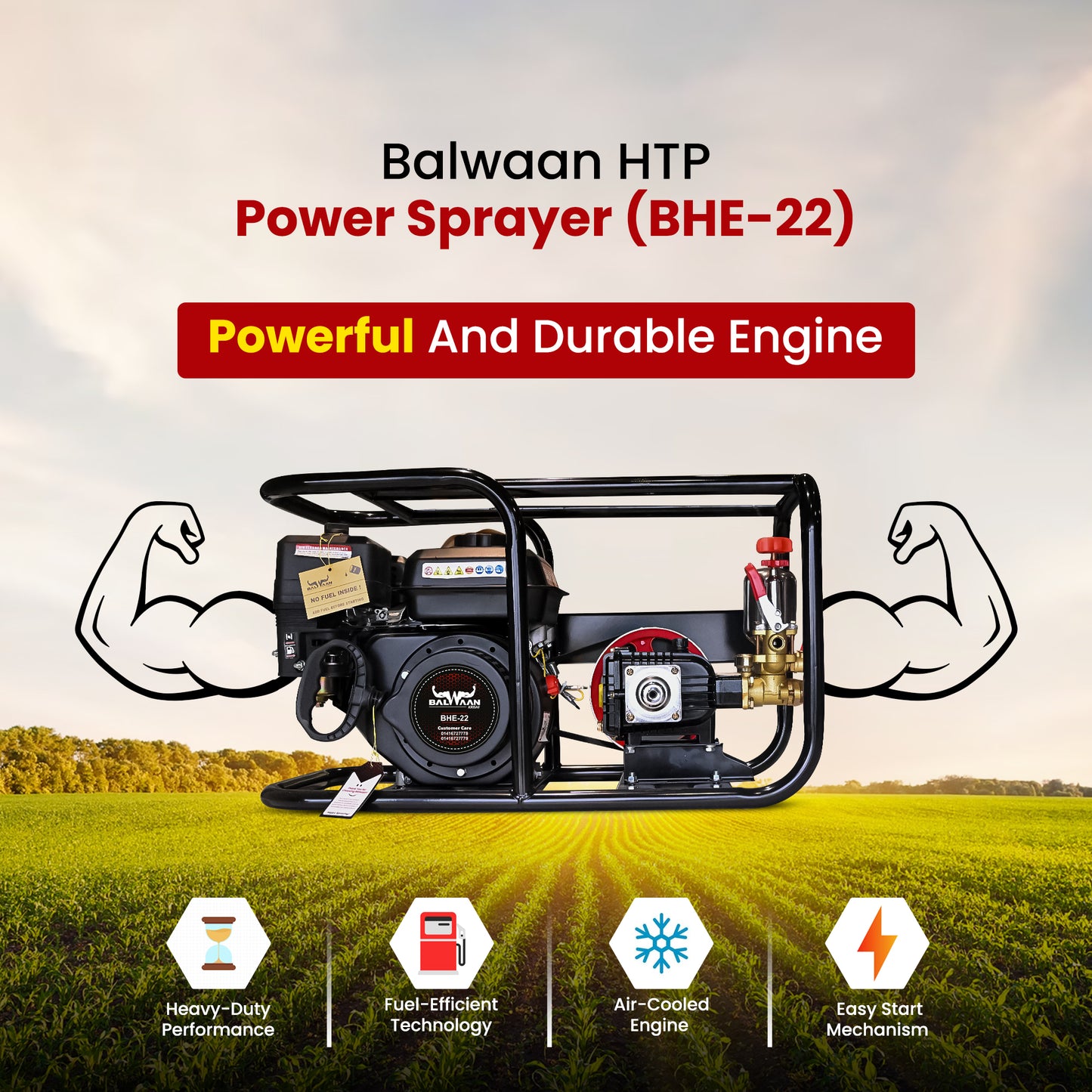 Balwaan Krishi BHE-22 Portable HTP Power Sprayer for Agriculture with 6.5 HP 4 Stroke Engine Suitable for Gardening, Agriculture Use, Get Free 50 meter Hose Pipe, 1 Engine Oil Bottle|BHE 22