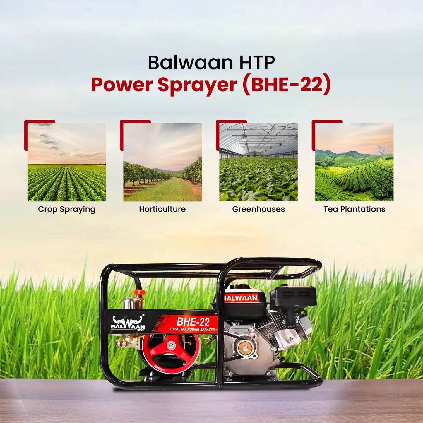 Balwaan Krishi BHE-22 Portable HTP Power Sprayer for Agriculture with 6.5 HP 4 Stroke Engine Suitable for Gardening, Agriculture Use, Get Free 50 meter Hose Pipe, 1 Engine Oil Bottle|BHE 22