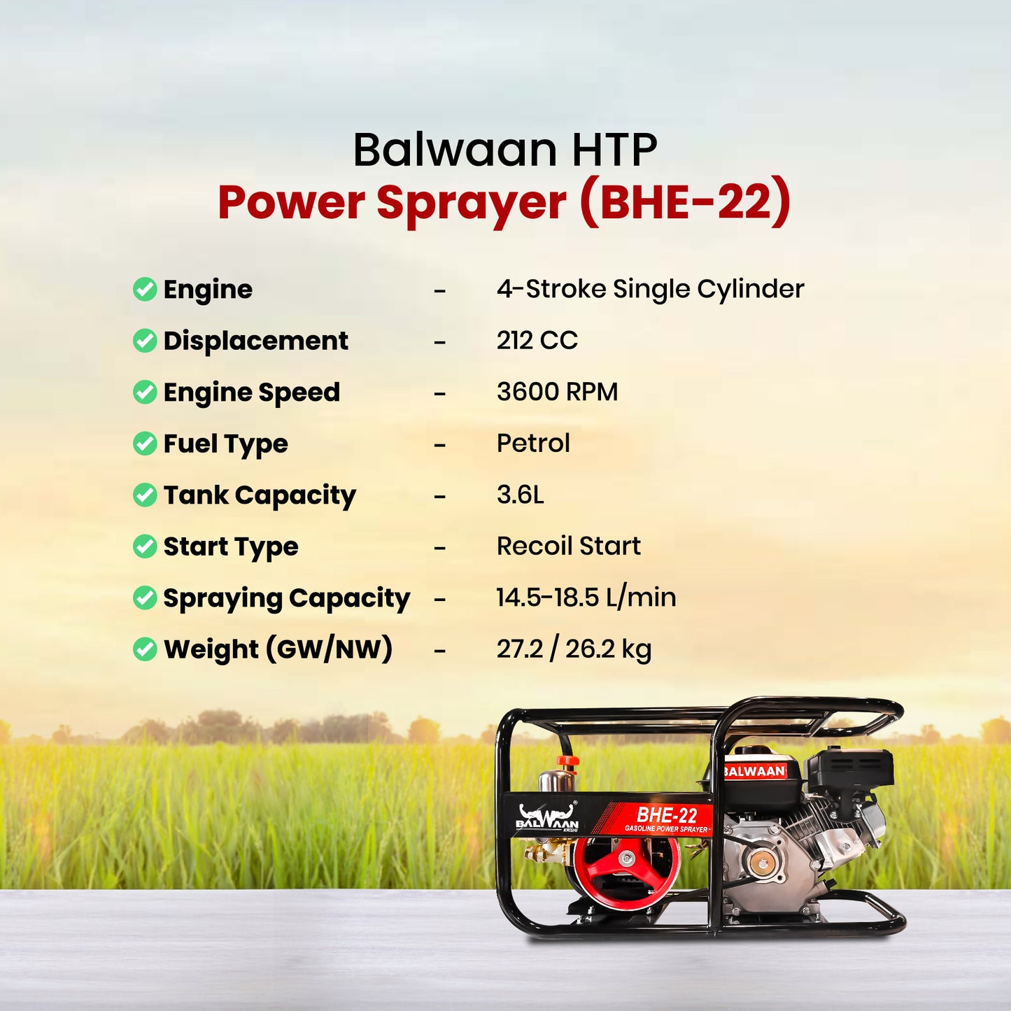 Balwaan Krishi BHE-22 Portable HTP Power Sprayer for Agriculture with 6.5 HP 4 Stroke Engine Suitable for Gardening, Agriculture Use, Get Free 50 meter Hose Pipe, 1 Engine Oil Bottle|BHE 22