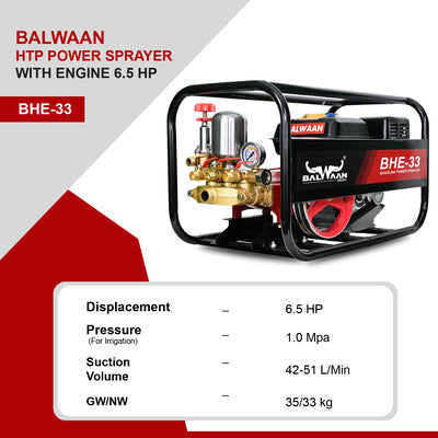 BALWAAN Krishi BHE-33 Portable HTP Power Sprayer for Agriculture with 6.5 HP 4 Stroke Engine for Gardening, Agriculture Use, Get Free 50 meter Hose Pipe, 1 Engine Oil Bottle & 2 Brass Gun|BHE 33