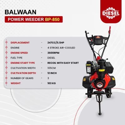 Balwaan Diesel Power Weeder BP-850 | 247cc 4-Stroke Diesel Engine | 40-inch Working Width