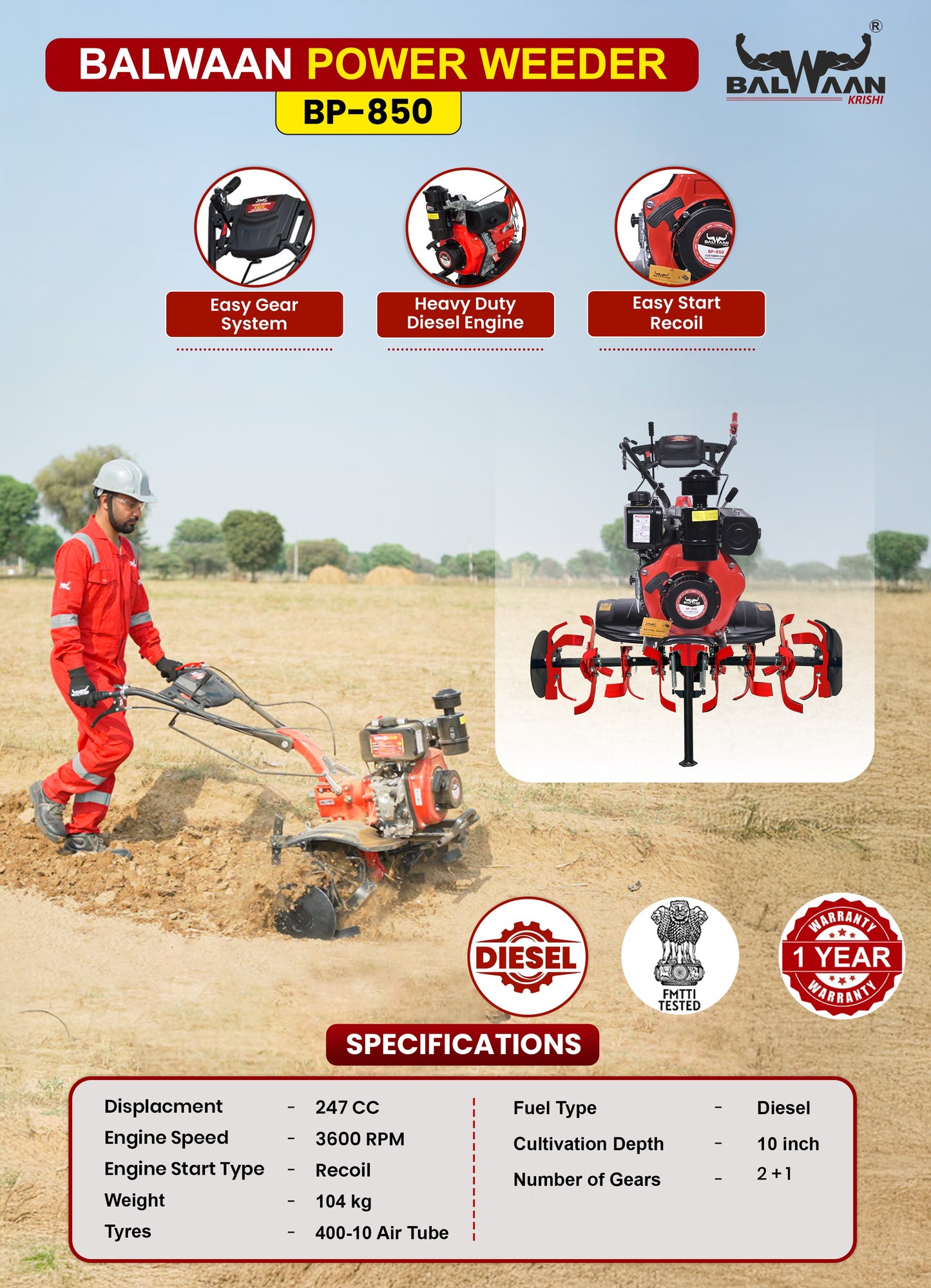 Balwaan Diesel Power Weeder BP-850 | 247cc 4-Stroke Diesel Engine | 40-inch Working Width
