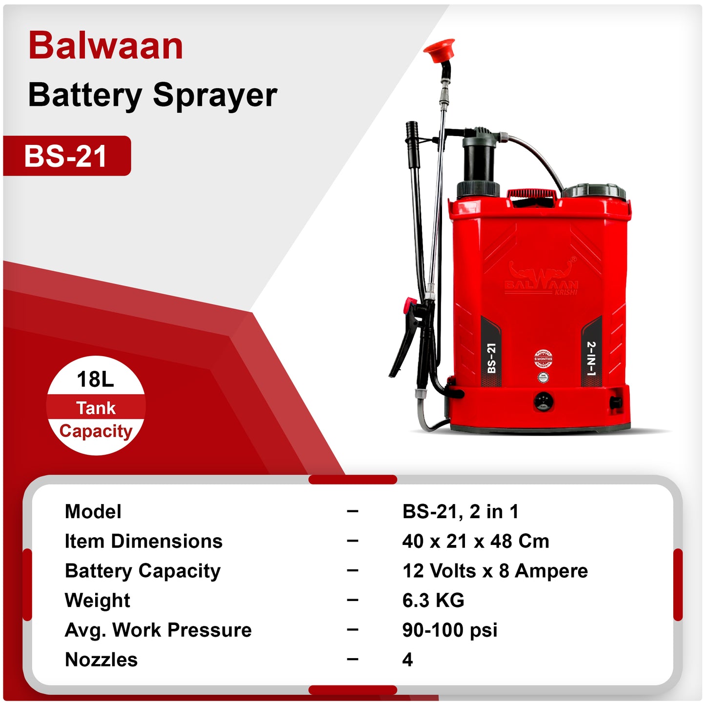 Balwaan Krishi Battery Sprayer - 2 in 1 (12x8) BS-21 |18 litres Tank Capacity | High Pressure Sprayer | Suitable for Spraying
