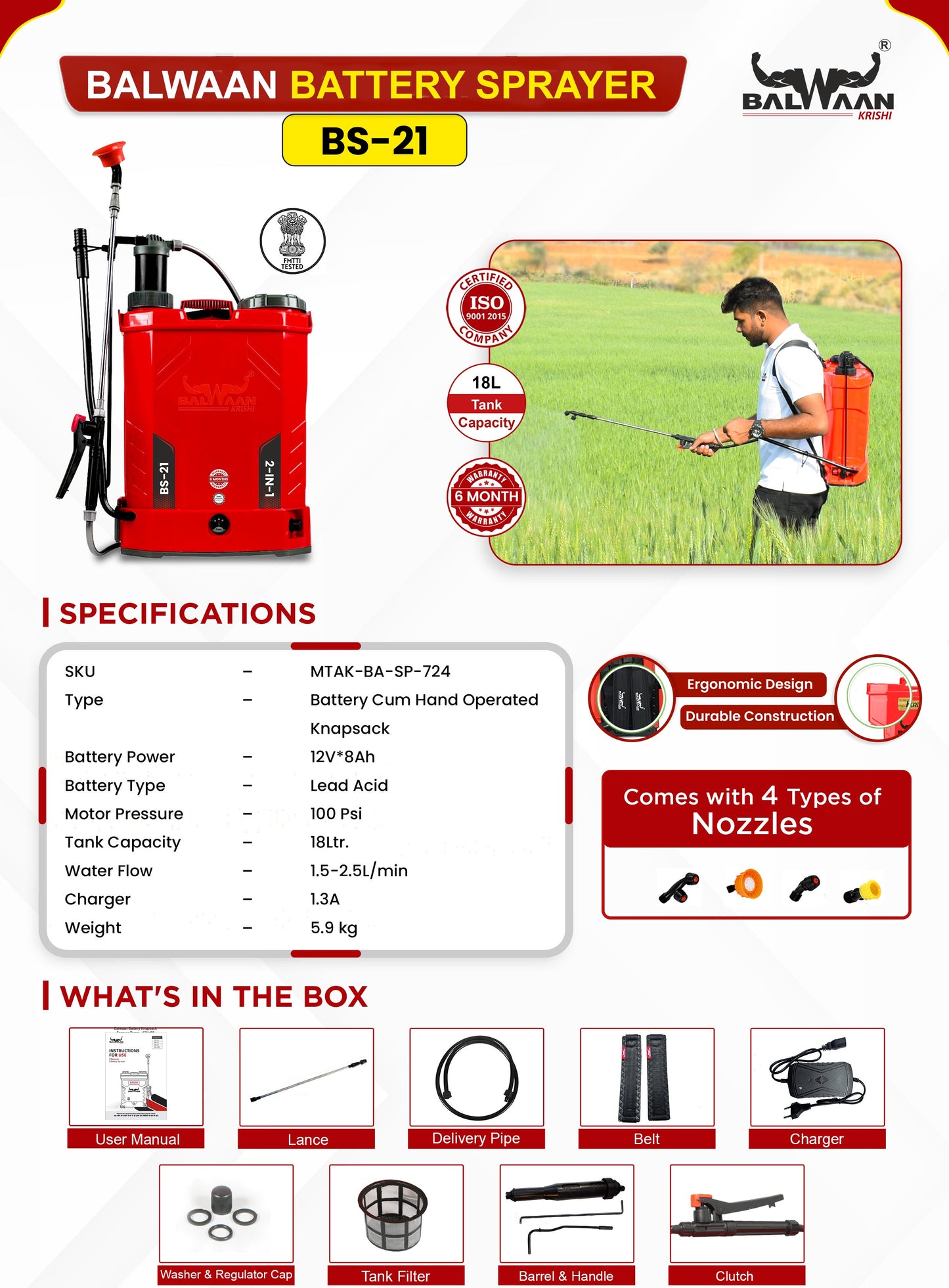 Balwaan Krishi Battery Sprayer - 2 in 1 (12x8) BS-21 |18 litres Tank Capacity | High Pressure Sprayer | Suitable for Spraying