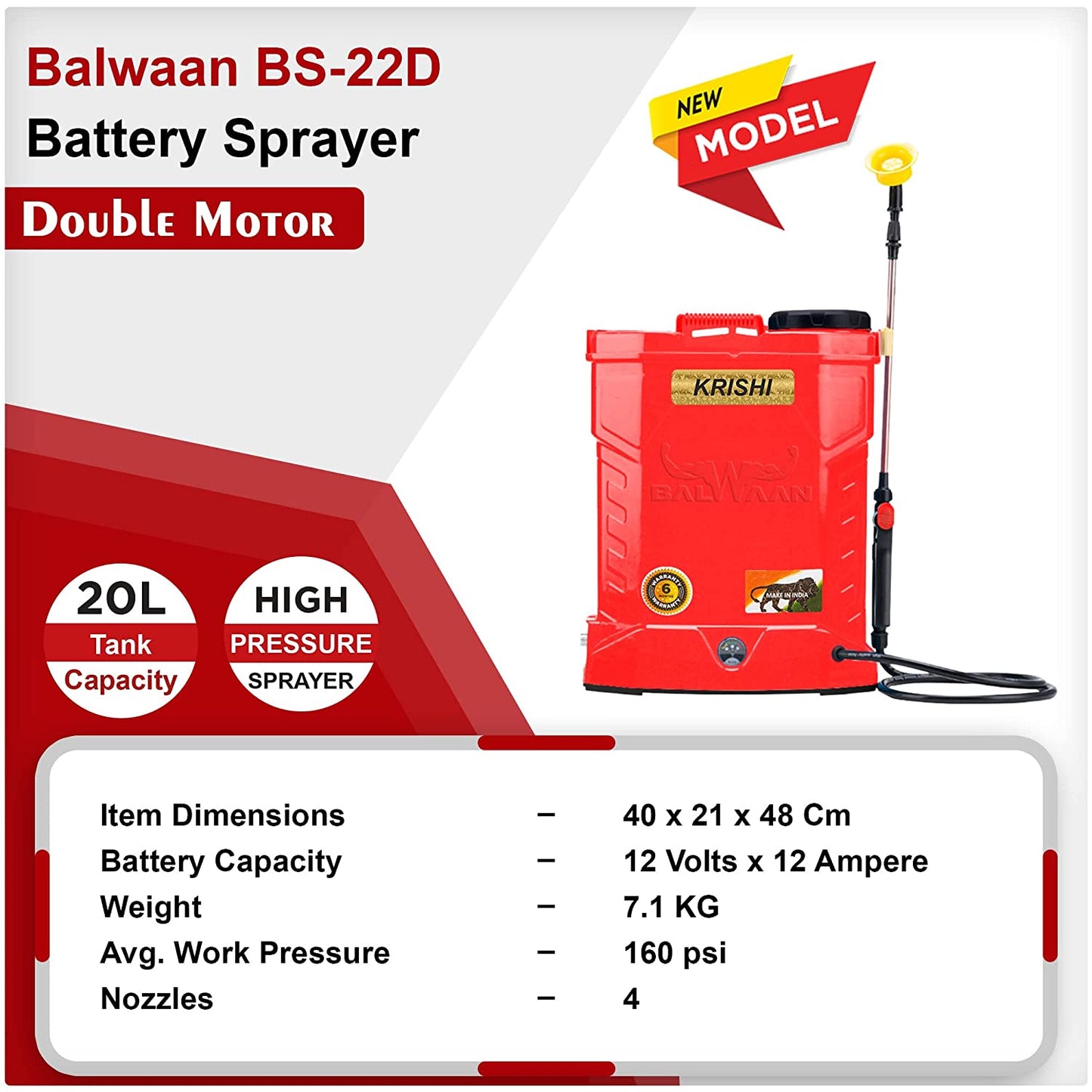 Balwaan Krishi Double Motor Battery Sprayer (12x12) BS-22D | High Pressure up to 20 feet Spray | Knapsack Sprayer | 20 Litre Tank Capacity