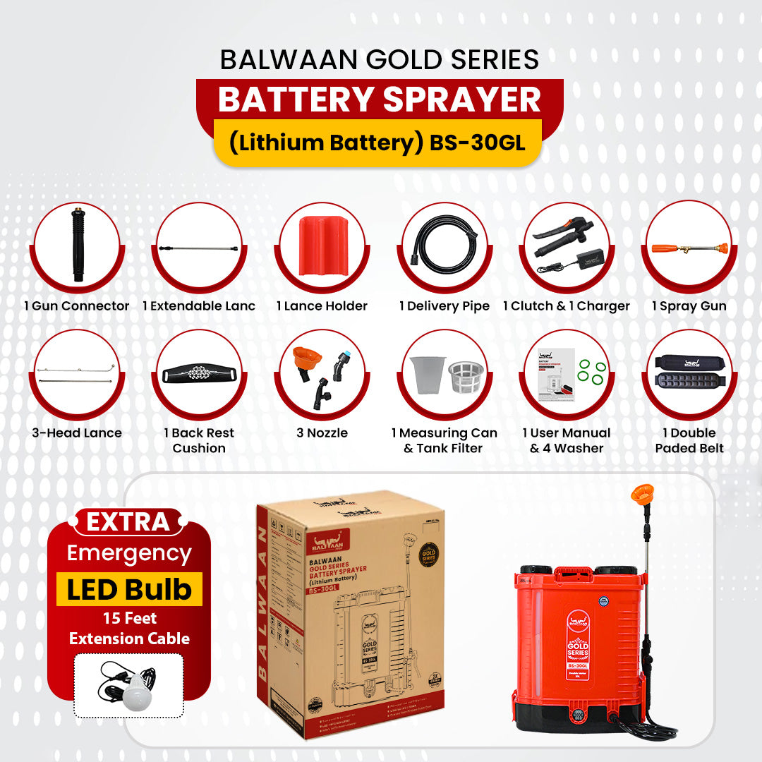 Balwaan Gold Double Motor Battery Sprayer (12x12) BS-30GL | Double Motor High-Pressure Agriculture Sprayer 20L Tank Capacity Get Free LED Bulb with 15 Feet Cable