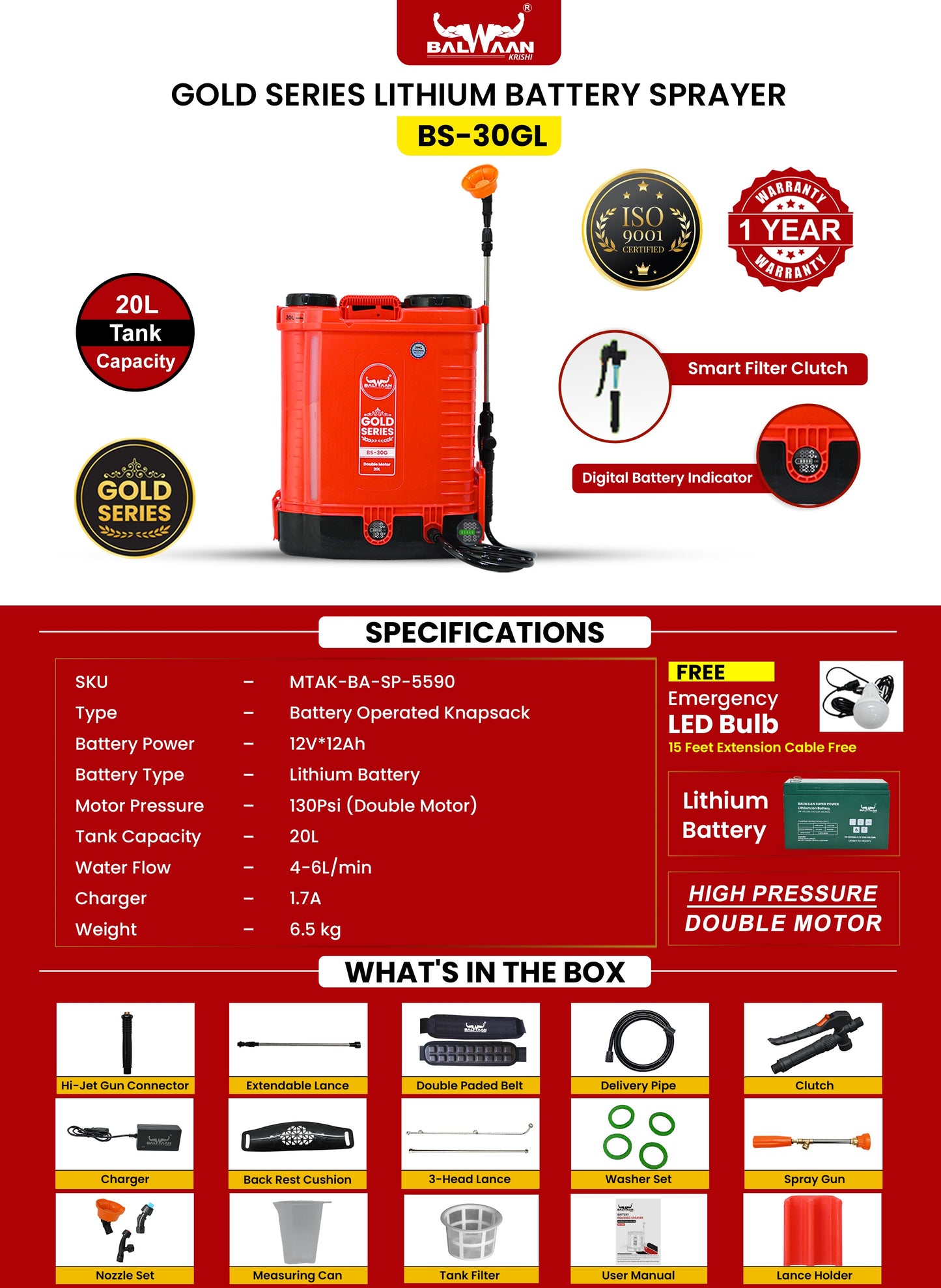 Balwaan Gold Double Motor Battery Sprayer (12x12) BS-30GL | Double Motor High-Pressure Agriculture Sprayer 20L Tank Capacity Get Free LED Bulb with 15 Feet Cable