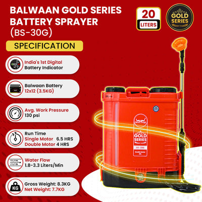 Balwaan Gold Double Motor Battery Sprayer (12x12) BS-30G | Digital Battery Indicator | 20L Tank | 3X Pressure Sprayer, Suitable for Long & Short Spraying | Free LED Bulb with 15ft Cable