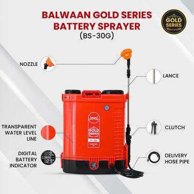 Balwaan Gold Double Motor Battery Sprayer (12x12) BS-30G | Digital Battery Indicator | 20L Tank | 3X Pressure Sprayer, Suitable for Long & Short Spraying | Free LED Bulb with 15ft Cable