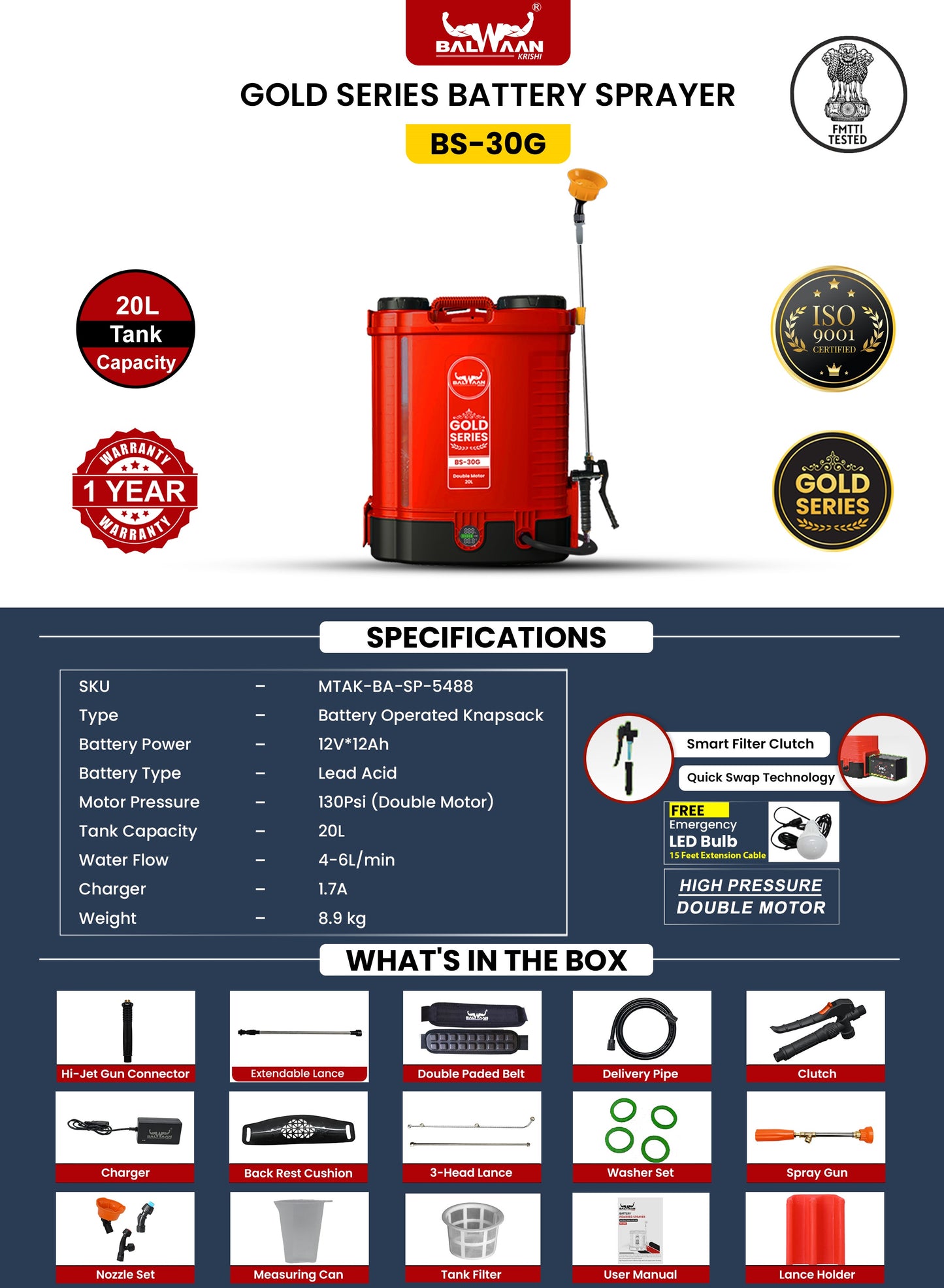 Balwaan Gold Double Motor Battery Sprayer (12x12) BS-30G | Digital Battery Indicator | 20L Tank | 3X Pressure Sprayer, Suitable for Long & Short Spraying | Free LED Bulb with 15ft Cable