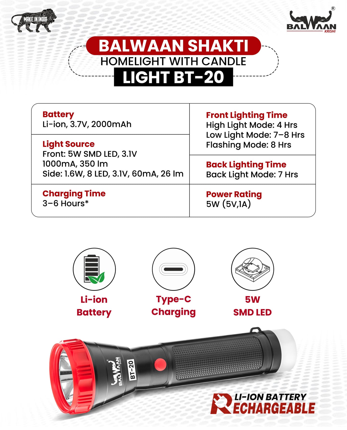 Balwaan Krishi Rechargeable LED Search Light, Candle Light BT-20