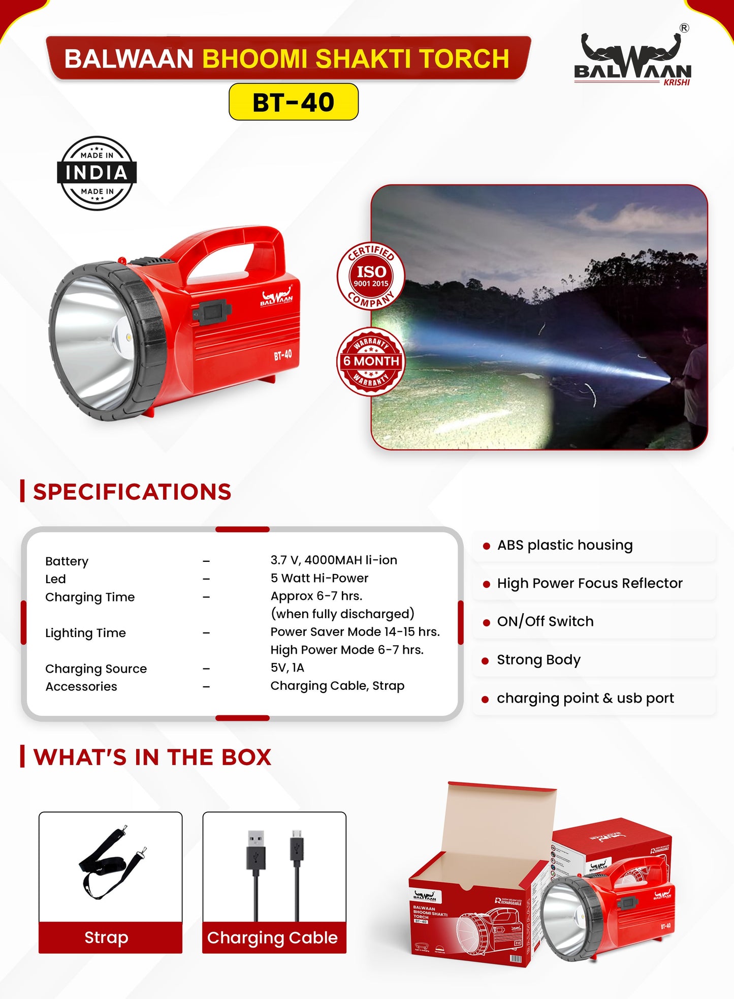 Balwaan Bhoomi Shakti Torch 5W BT-40 | 5 Watt Long Beam 4000mAH li-ion Battery | for Agricultural Activities, Outdoor Activities, Home use | Get a Charging Cabel Free|BT-40