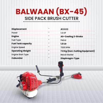 Balwaan Side Pack 2-Stroke Brush Cutter BX-45 | 41.5cc 2-Stroke Petrol Engine | Professional Trimmer with Diamond Cut Blade