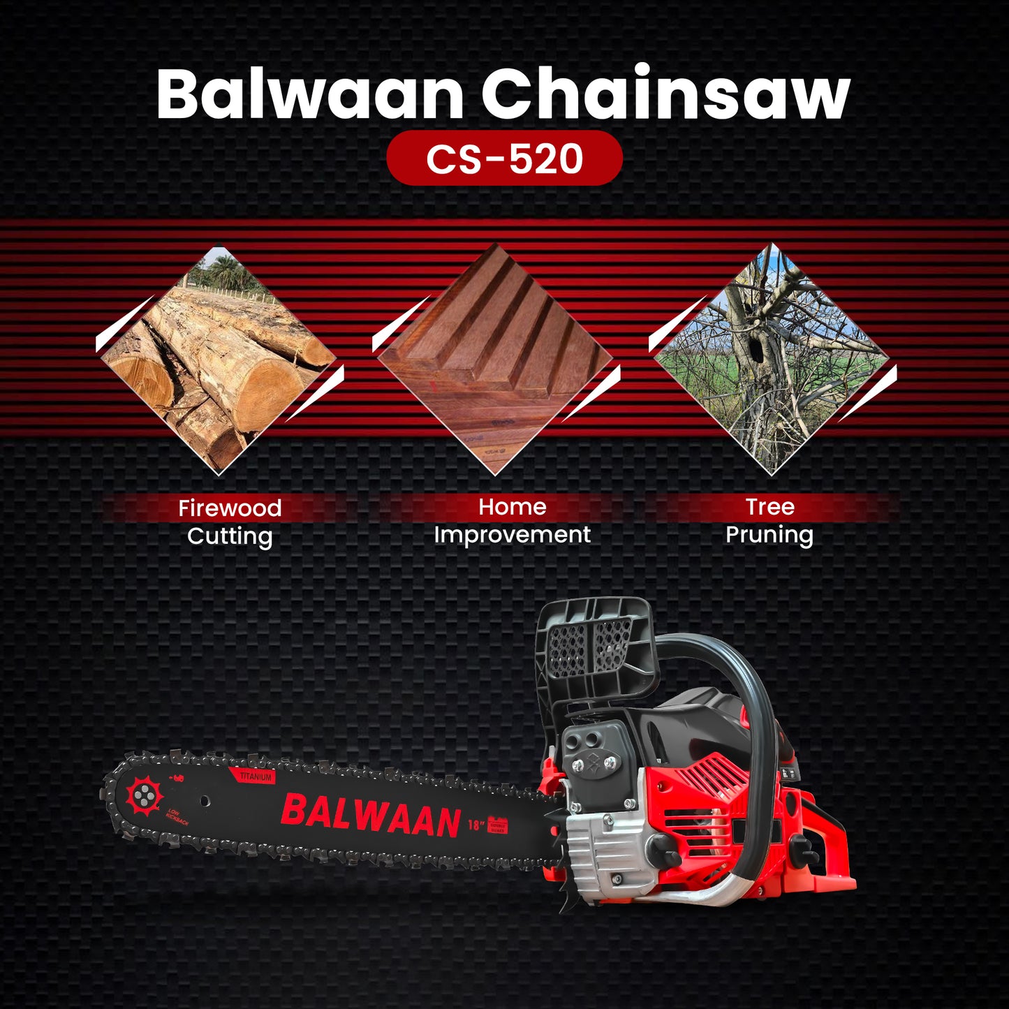 Balwaan Petrol Chainsaw| 52cc 2-Stroke Engine | 18 inch Guide Bar | 0.55L Fuel Tank | Heavy-Duty Wood Cutting Tool for Farming, Tree Felling, Branch Trimming & Outdoor Use|CS-520