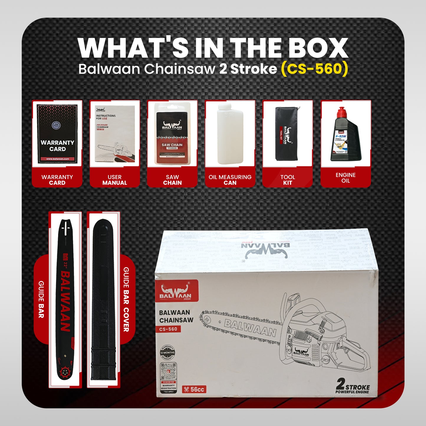 Balwaan Petrol Chainsaw | 56cc 2-Stroke Engine | 22-Inch Bar | CS-560