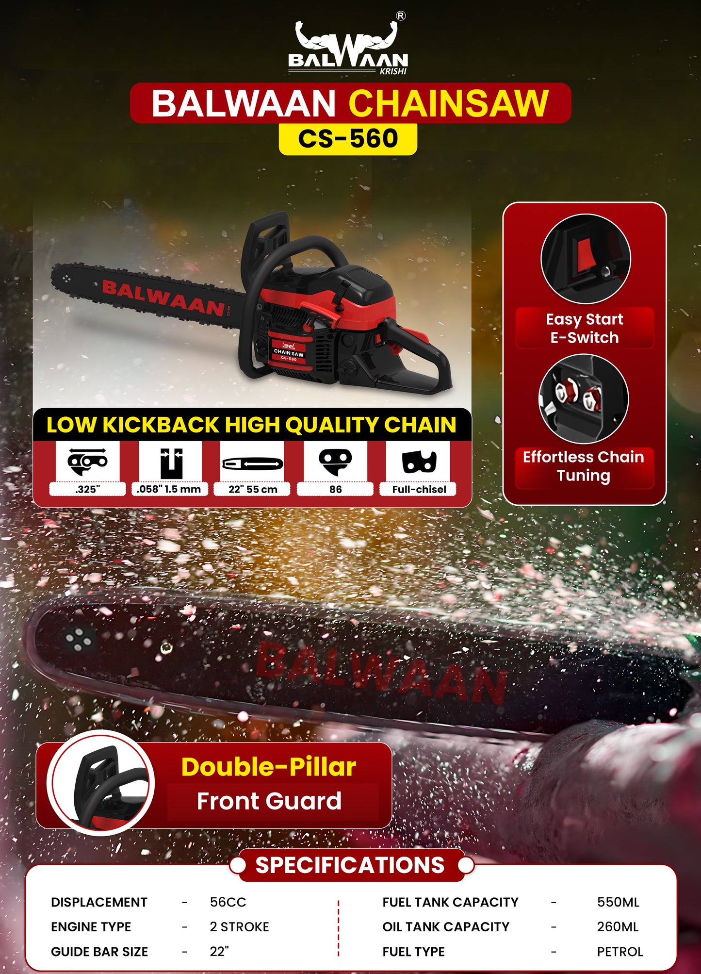 Balwaan Petrol Chainsaw | 56cc 2-Stroke Engine | 22-Inch Bar | CS-560