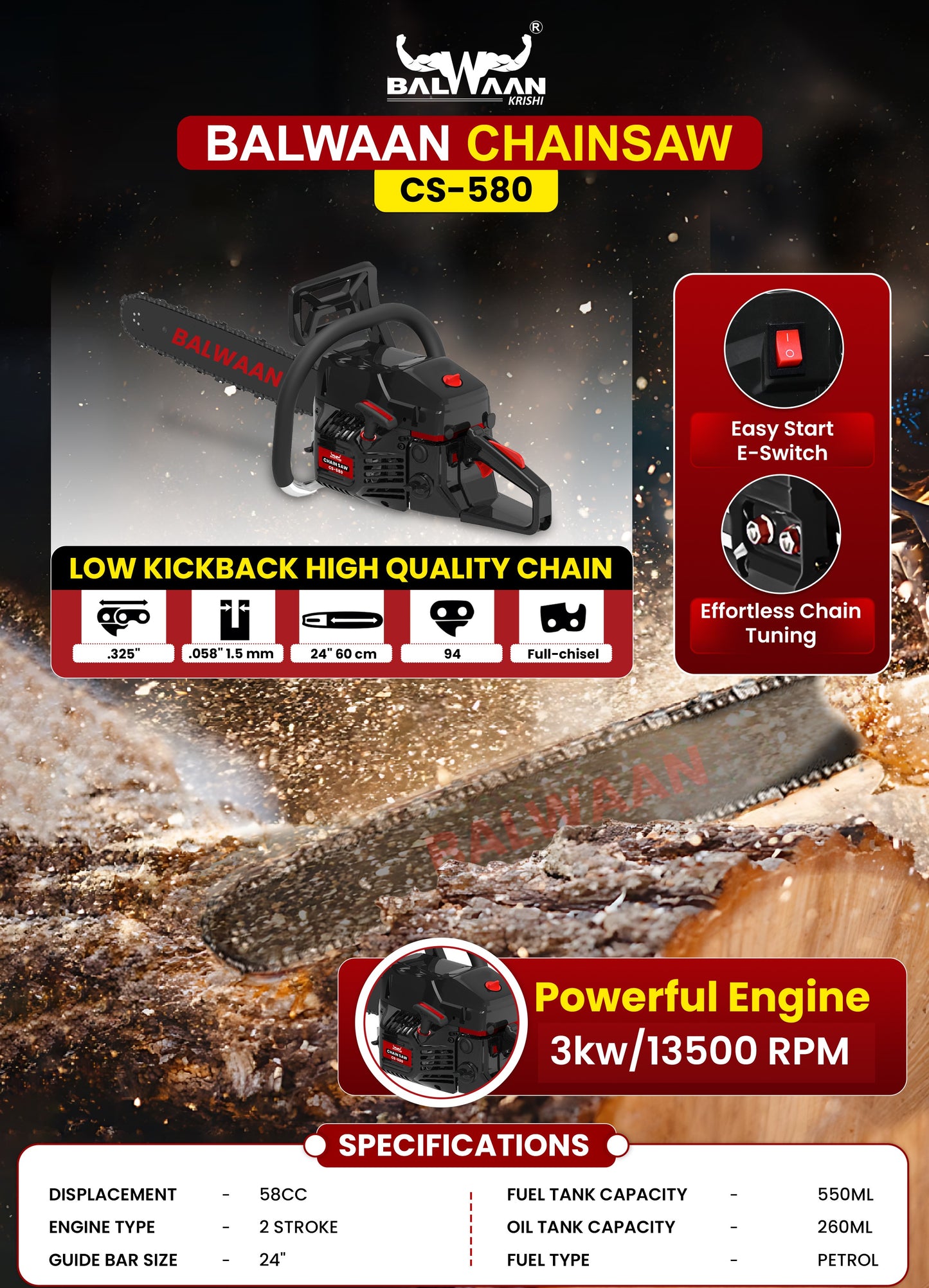 Balwaan Krishi Petrol Chainsaw | 58cc 2-Stroke Engine | 24-Inch Guide Bar | 13,500 RPM | Powerful Chainsaw for Cutting Wood, Trees, Firewood | Ideal for Farming, Gardening, Logging|CS-580