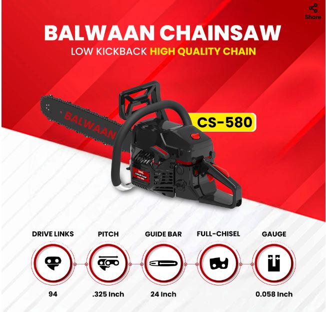 Balwaan Krishi Petrol Chainsaw | 58cc 2-Stroke Engine | 24-Inch Guide Bar | 13,500 RPM | Powerful Chainsaw for Cutting Wood, Trees, Firewood | Ideal for Farming, Gardening, Logging|CS-580