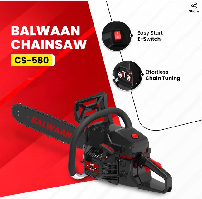 Balwaan Krishi Petrol Chainsaw | 58cc 2-Stroke Engine | 24-Inch Guide Bar | 13,500 RPM | Powerful Chainsaw for Cutting Wood, Trees, Firewood | Ideal for Farming, Gardening, Logging|CS-580