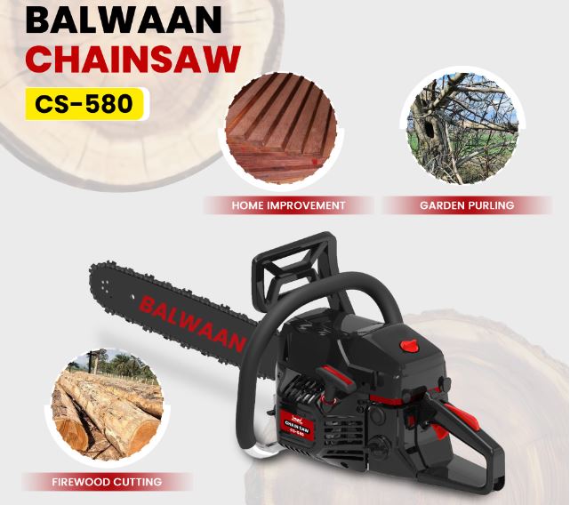 Balwaan Krishi Petrol Chainsaw | 58cc 2-Stroke Engine | 24-Inch Guide Bar | 13,500 RPM | Powerful Chainsaw for Cutting Wood, Trees, Firewood | Ideal for Farming, Gardening, Logging|CS-580