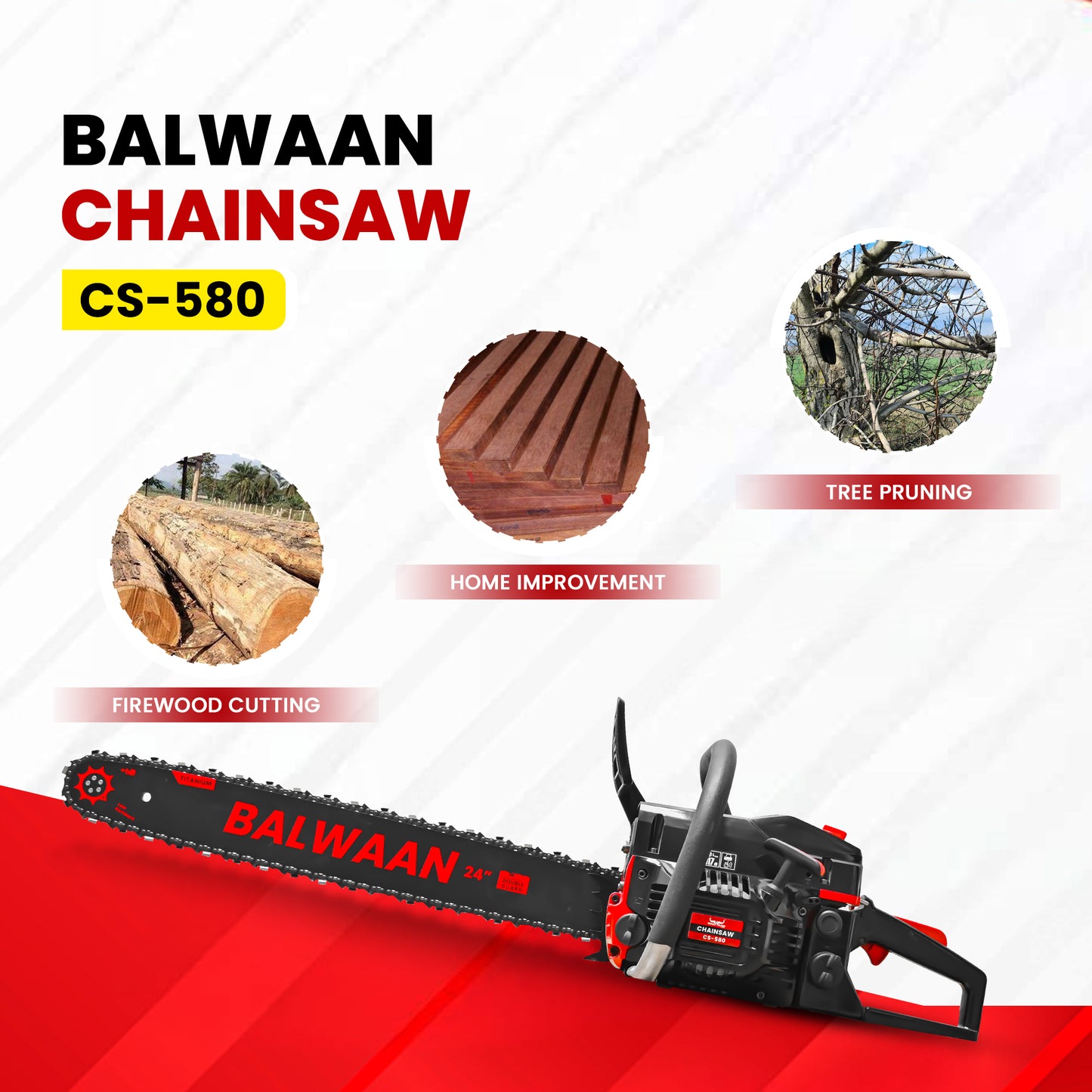 Balwaan Krishi Petrol Chainsaw | 58cc 2-Stroke Engine | 24-Inch Guide Bar | 13,500 RPM | Powerful Chainsaw for Cutting Wood, Trees, Firewood | Ideal for Farming, Gardening, Logging|CS-580