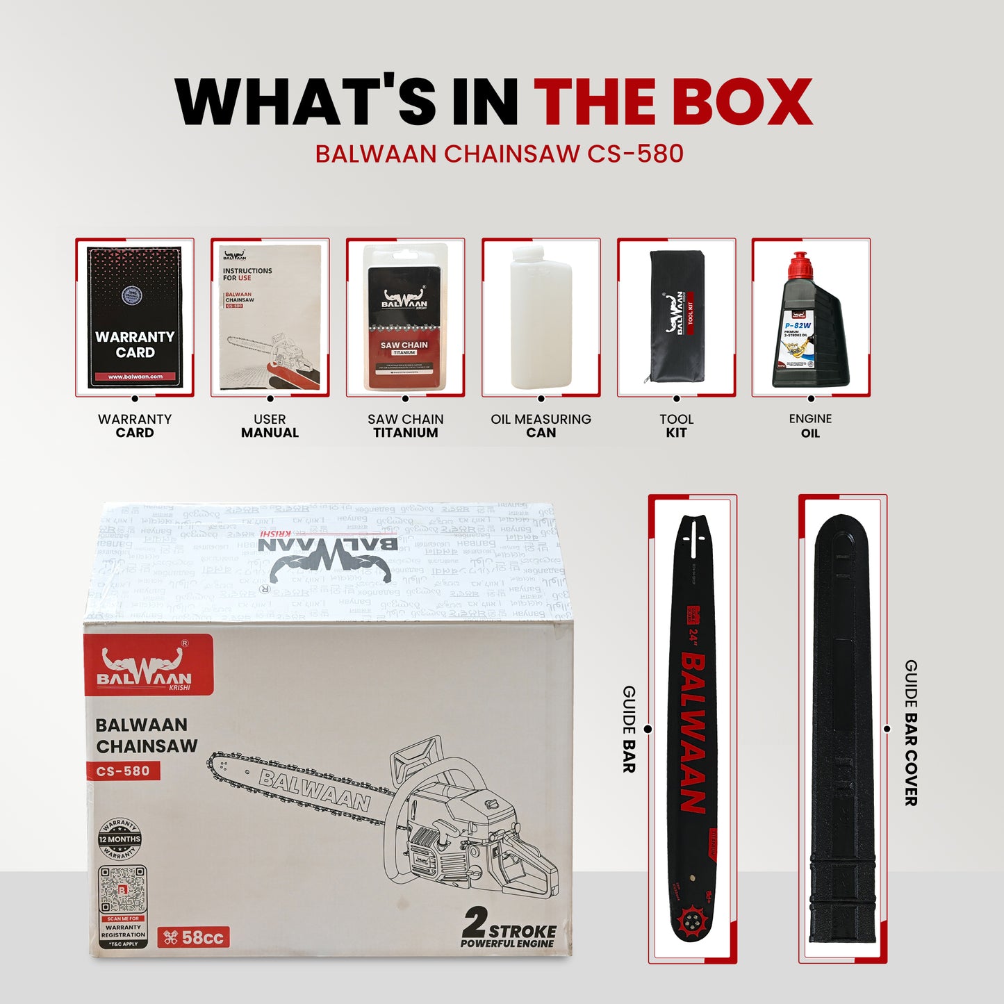 Balwaan Krishi Petrol Chainsaw | 58cc 2-Stroke Engine | 24-Inch Guide Bar | 13,500 RPM | Powerful Chainsaw for Cutting Wood, Trees, Firewood | Ideal for Farming, Gardening, Logging|CS-580