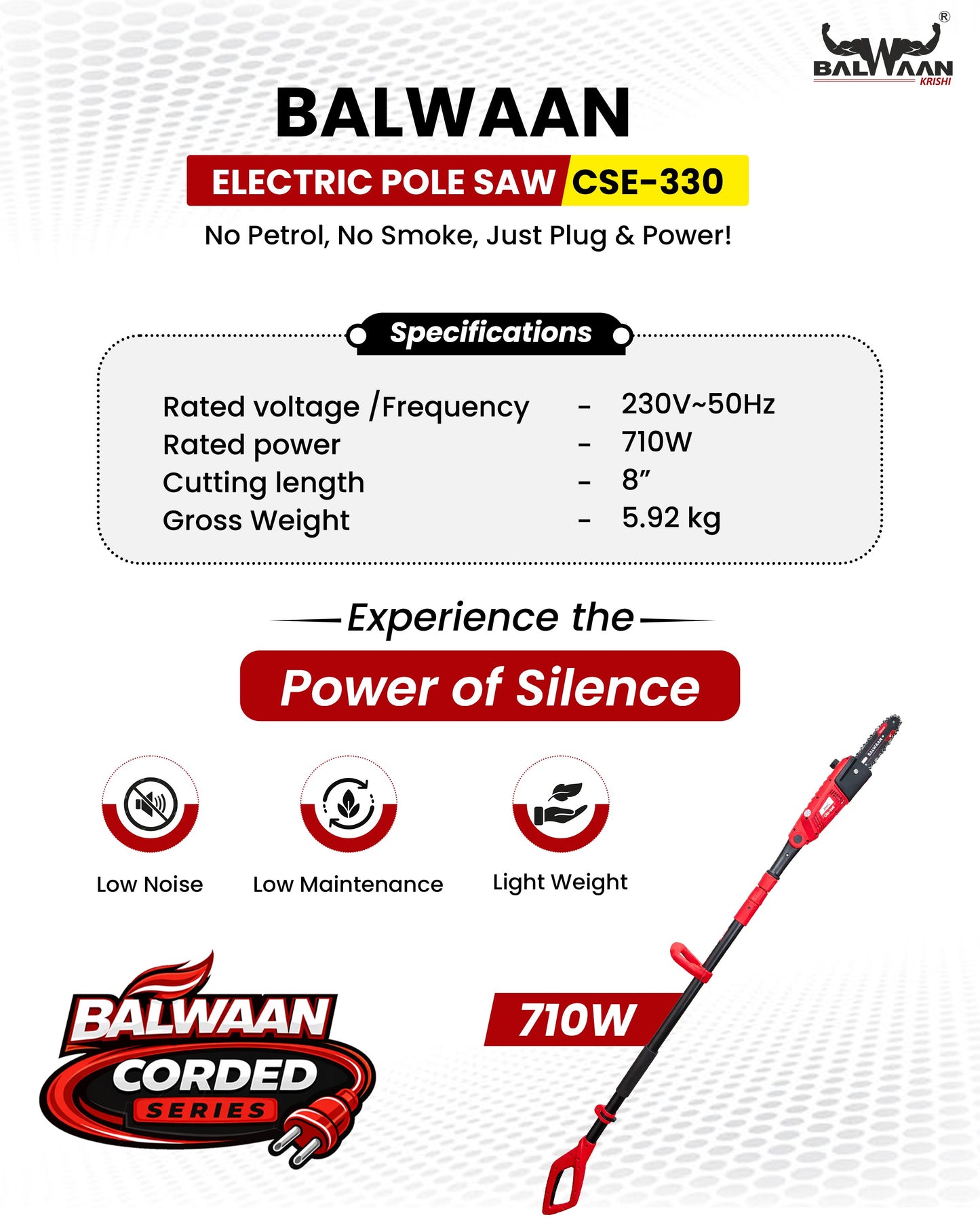 Balwaan Krishi Electric Pole Saw | 710W Powerful Motor | 8-Inch Guide Bar | 3-Step Adjustable Head | Electric Tree Pruner Machine for Garden Cleaning & Small Tree Cutting | CSE-330