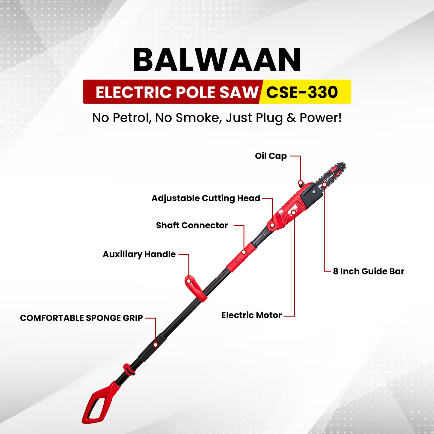 Balwaan Krishi Electric Pole Saw | 710W Powerful Motor | 8-Inch Guide Bar | 3-Step Adjustable Head | Electric Tree Pruner Machine for Garden Cleaning & Small Tree Cutting | CSE-330