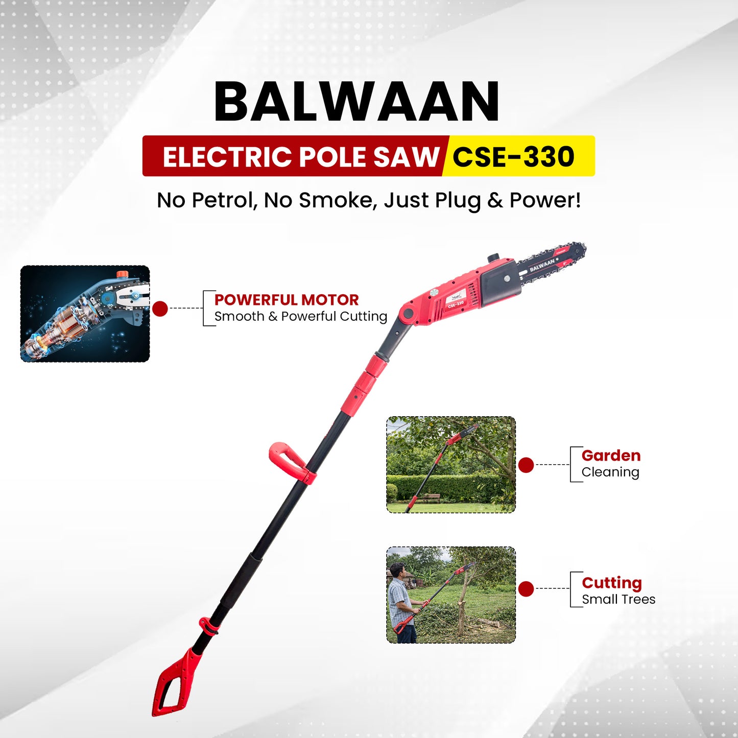 Balwaan Krishi Electric Pole Saw | 710W Powerful Motor | 8-Inch Guide Bar | 3-Step Adjustable Head | Electric Tree Pruner Machine for Garden Cleaning & Small Tree Cutting | CSE-330