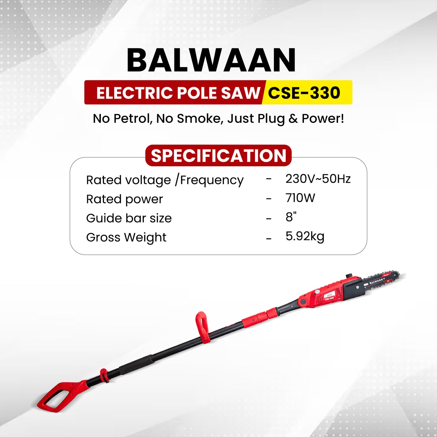 Balwaan Krishi Electric Pole Saw | 710W Powerful Motor | 8-Inch Guide Bar | 3-Step Adjustable Head | Electric Tree Pruner Machine for Garden Cleaning & Small Tree Cutting | CSE-330