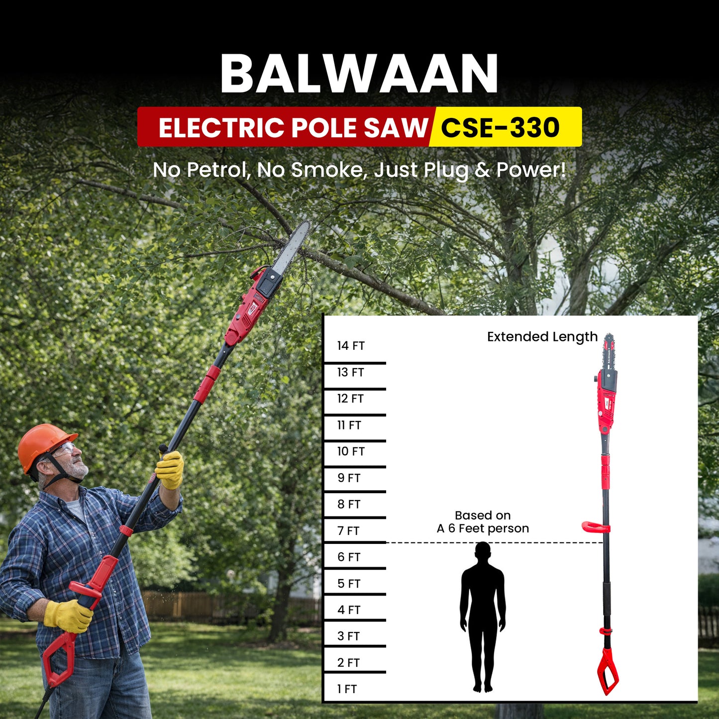 Balwaan Krishi Electric Pole Saw | 710W Powerful Motor | 8-Inch Guide Bar | 3-Step Adjustable Head | Electric Tree Pruner Machine for Garden Cleaning & Small Tree Cutting | CSE-330