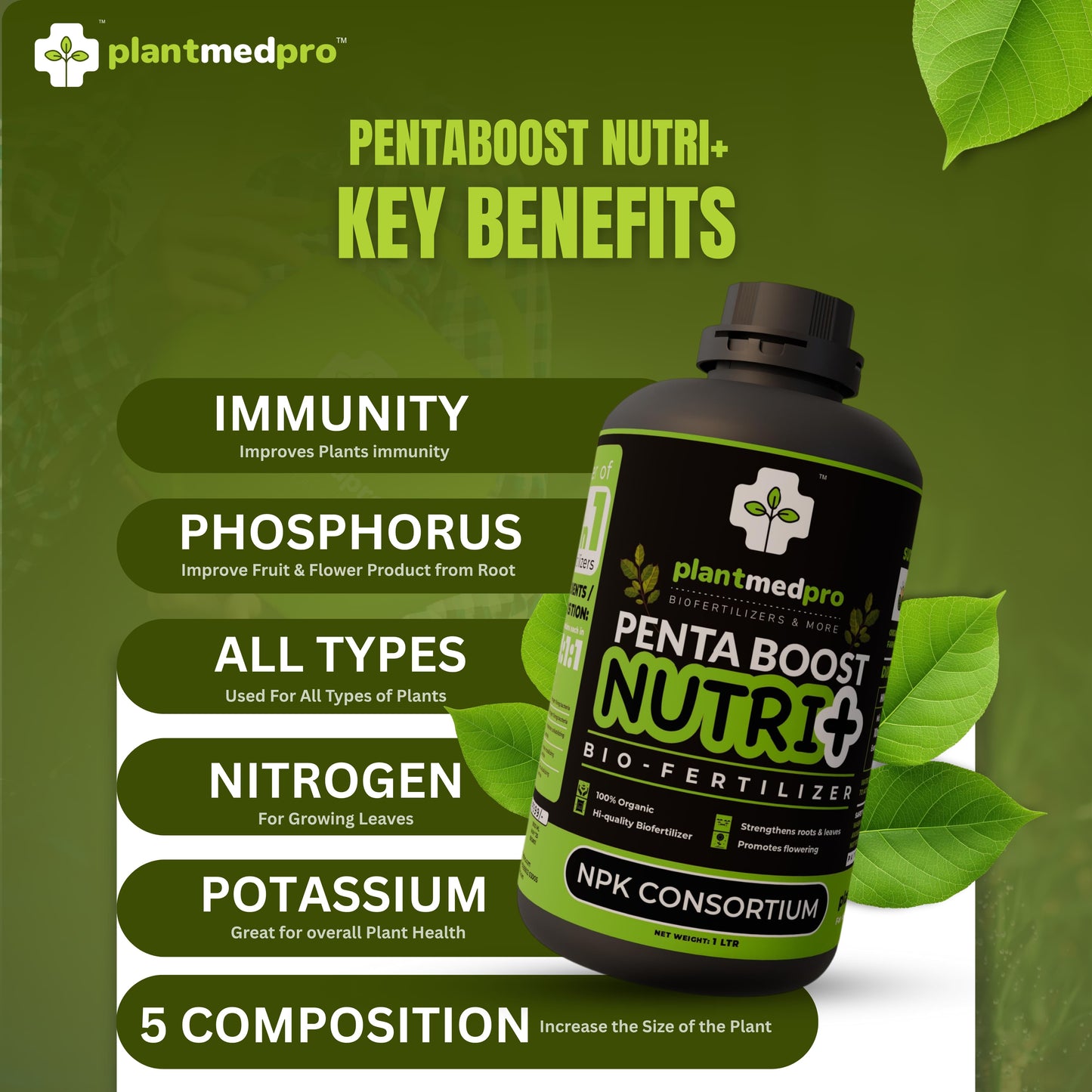 Plantmedpro™ Penta Boost Nutri+ 5-in-1 Biofertilizer - NPK & Zinc Mobilizing Microbes for Complete Plant Nutrition, Growth & Blooms | Organic fertilizer for home garden, pot plants (1 Litre)
