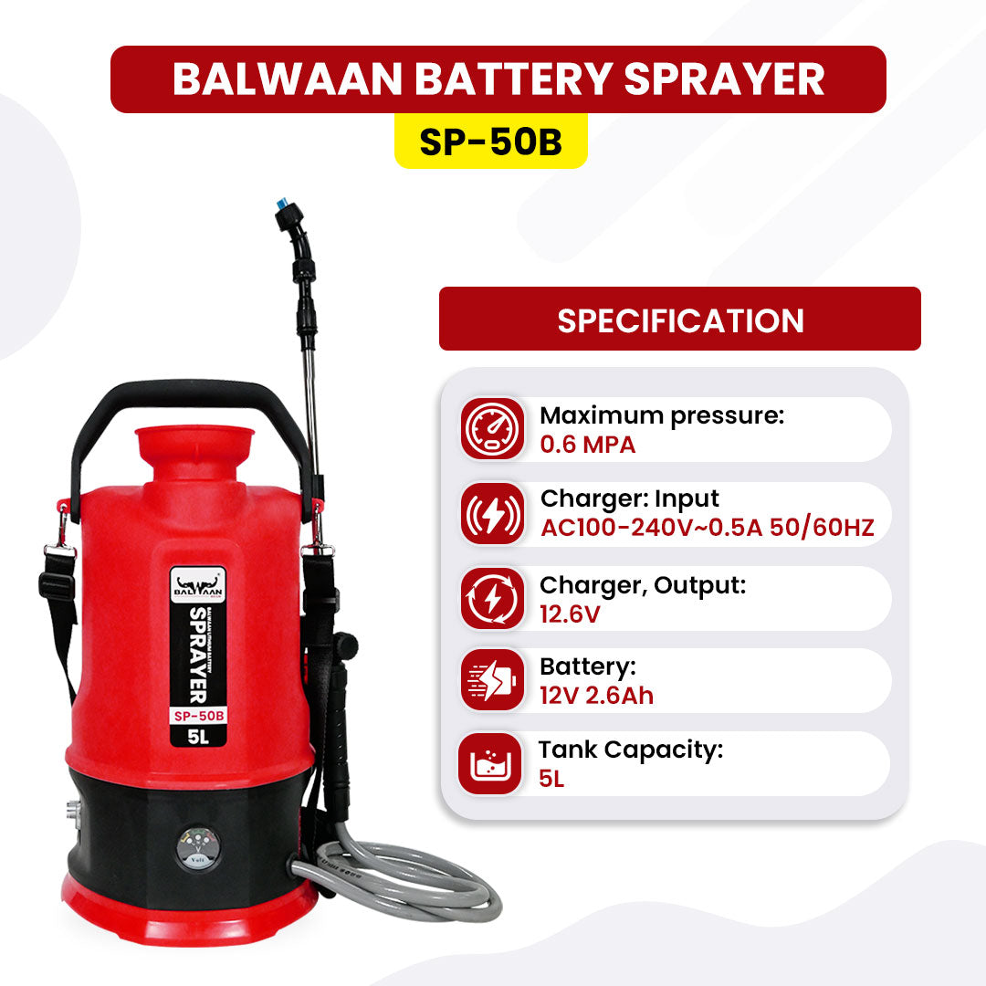Balwaan Li-ion Battery Sprayer (5 Liters) SP-50B | Battery Operated High-Pressure Sprayer with 5 Litre Tank Capacity | Ideal for Gardening, Agriculture, Lawn Care and Household Cleaning