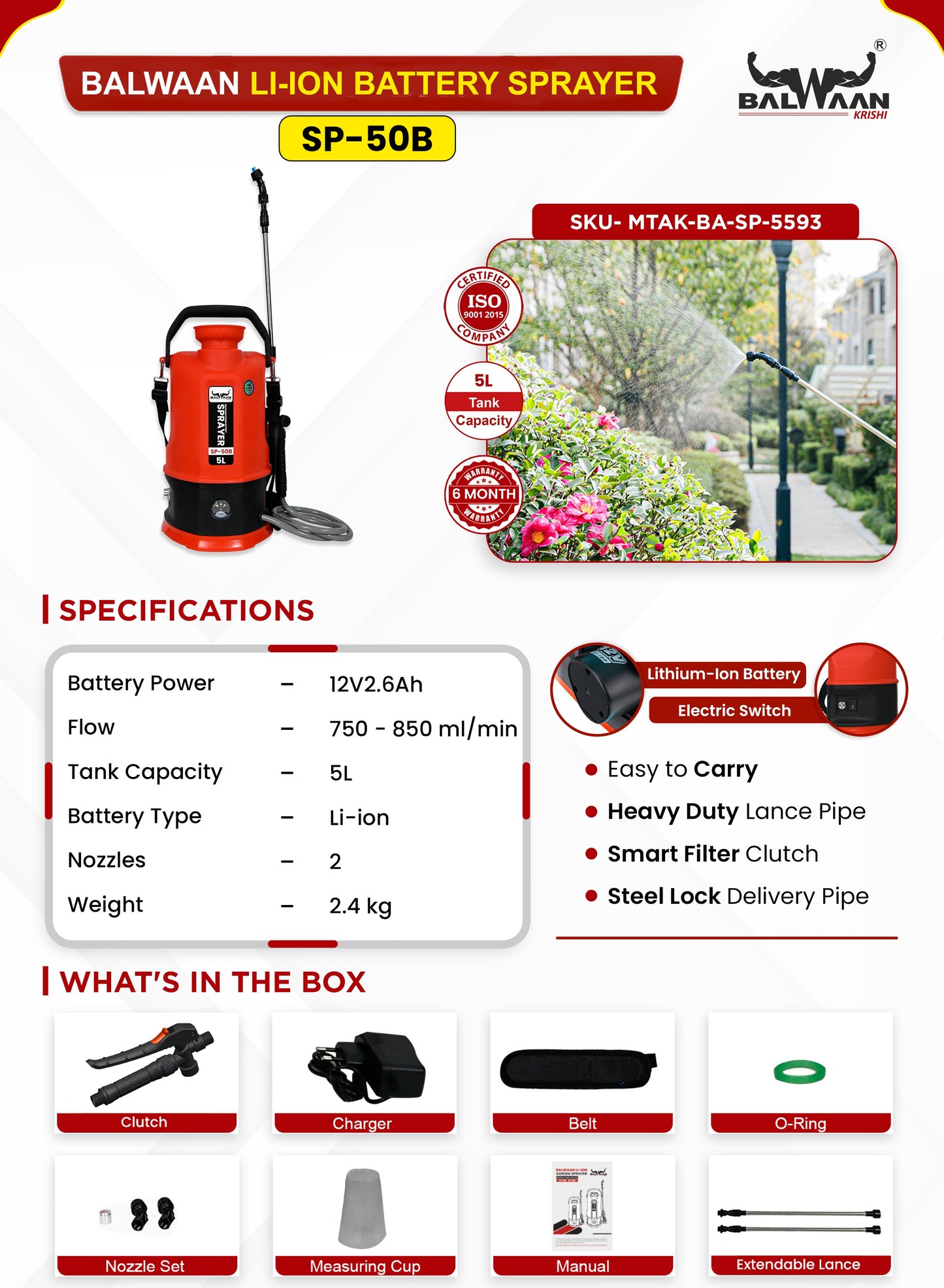 Balwaan Li-ion Battery Sprayer (5 Liters) SP-50B | Battery Operated High-Pressure Sprayer with 5 Litre Tank Capacity | Ideal for Gardening, Agriculture, Lawn Care and Household Cleaning