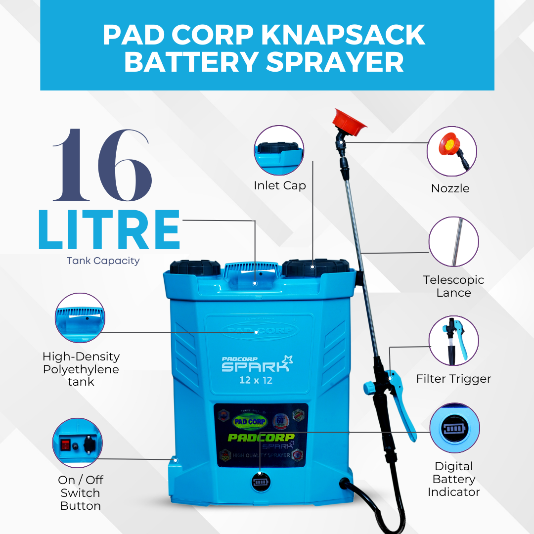 Pad Corp Spark Battery Operated Sprayer, 12 Volt x 12 Amp Battery - 16 Litre Tank Capacity