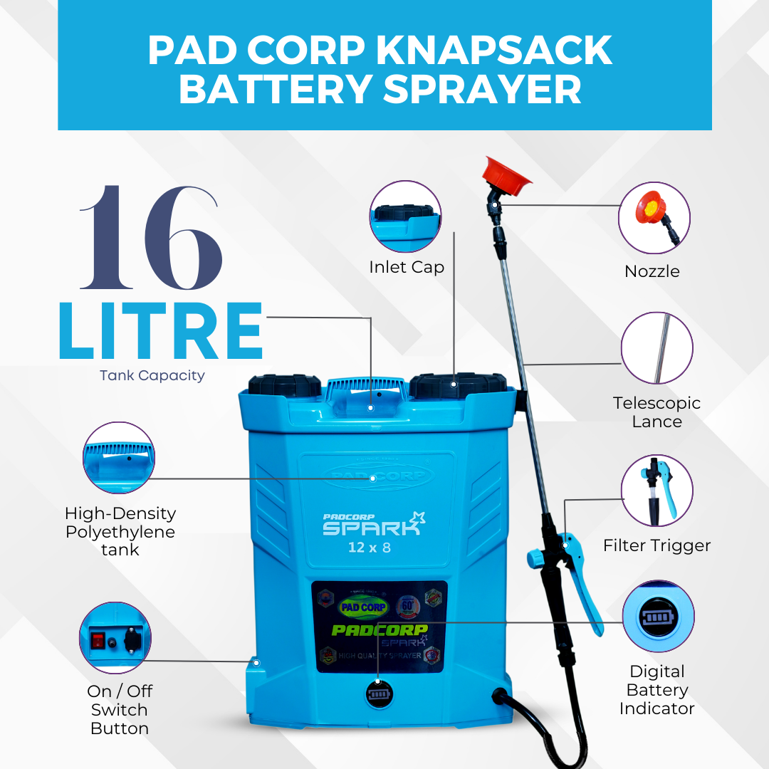 Pad Corp Spark Battery Operated Sprayer, 12 Volt x 8 Amp Battery - 16 Litre Tank Capacity