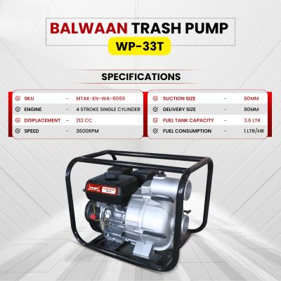 Balwaan Krishi WP-33T Trash Water Pump | 212cc 4-Stroke Petrol Engine | Self-Priming with Double Air Filtration | High Head Performance