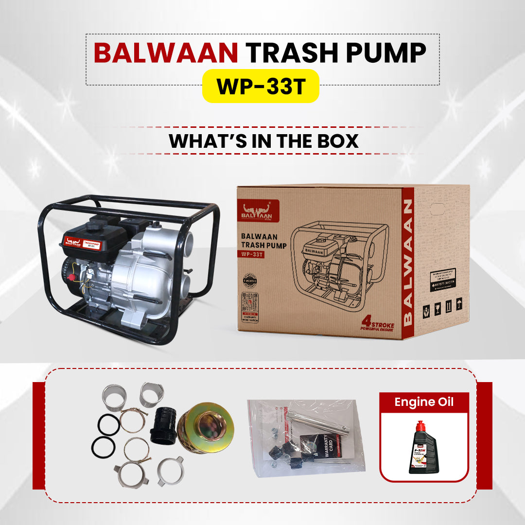 Balwaan Krishi WP-33T Trash Water Pump | 212cc 4-Stroke Petrol Engine | Self-Priming with Double Air Filtration | High Head Performance