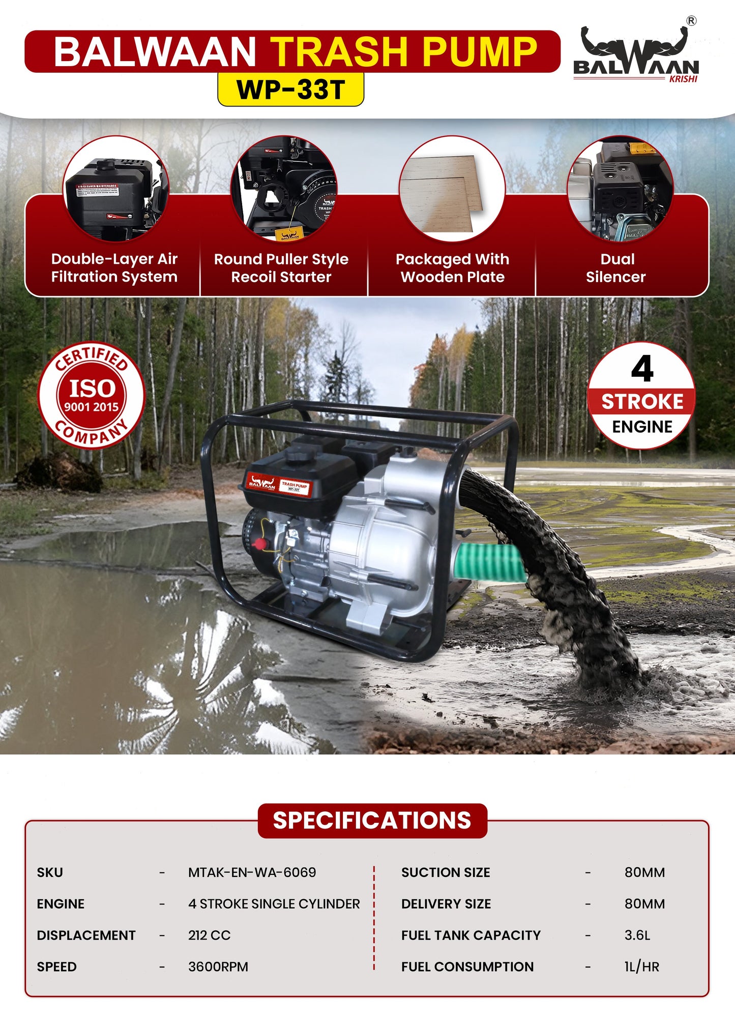 Balwaan Krishi WP-33T Trash Water Pump | 212cc 4-Stroke Petrol Engine | Self-Priming with Double Air Filtration | High Head Performance